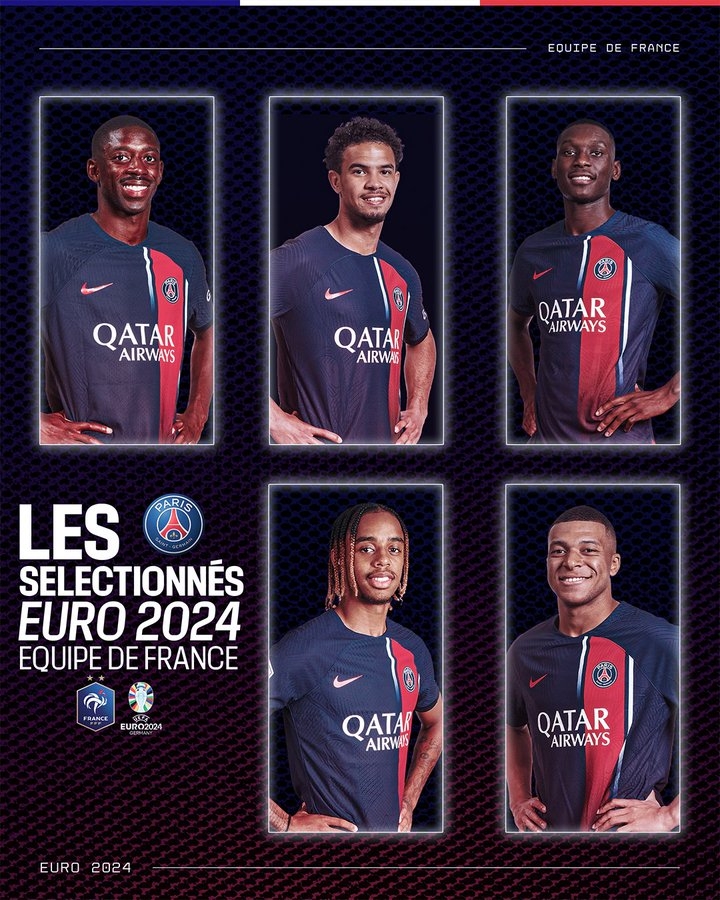 国脚大户！巴黎晒海报庆祝姆巴佩登贝莱等5人入选欧洲杯法国名单